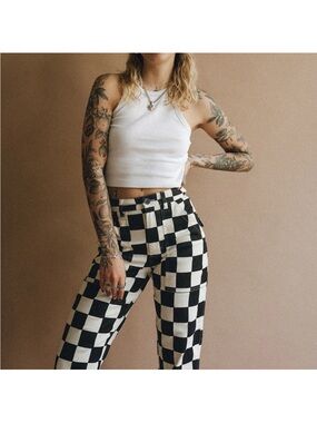 Checkerboard High-Rise Wide Leg Trousers - Black & White